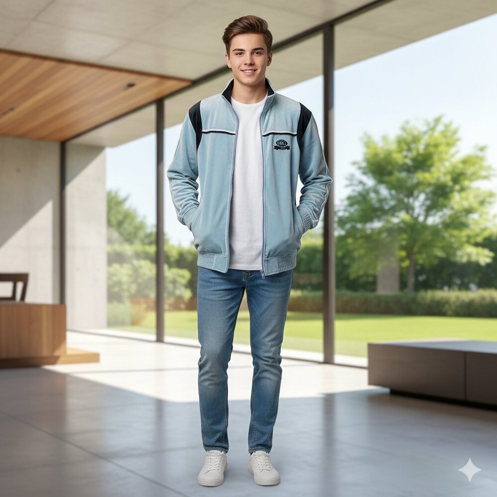 Russell Athletic Teen L 14/16 Sweatshirt Full Zip 2-Pocket Logo Blue Stripe Soft